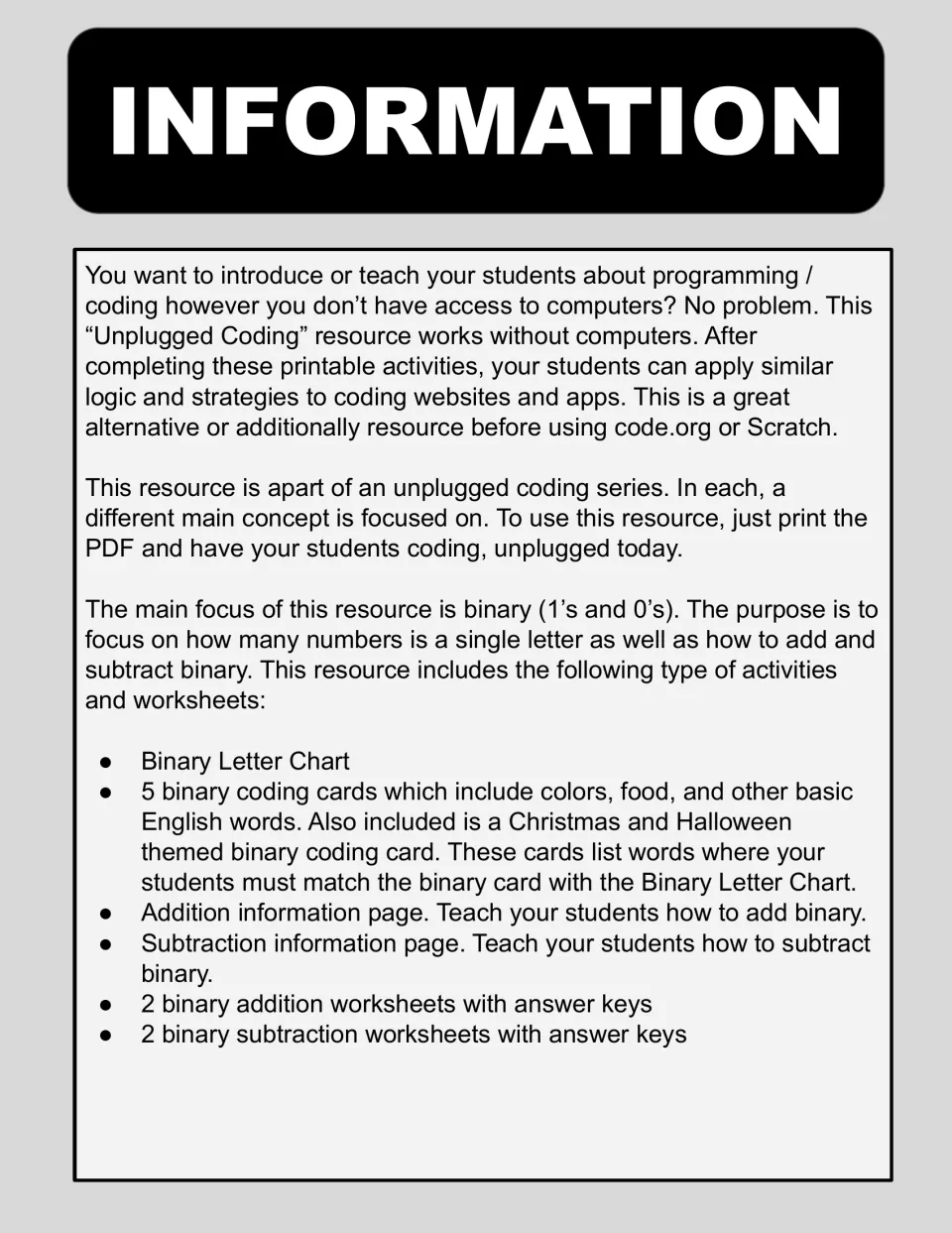 Resource overview lists a binary letter chart, five coding cards, and addition and subtraction worksheets