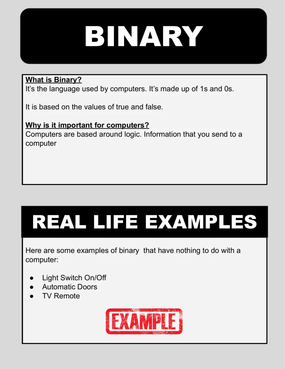Binary introduction explains 1s and 0s, true and false, and examples including a light switch and TV remote