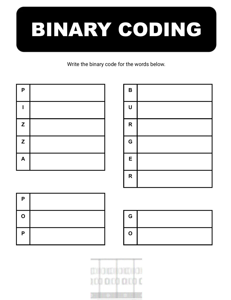 Binary word-coding activity asks students to use the letter chart to write codes for PIZZA, BURGER, POP, and GO