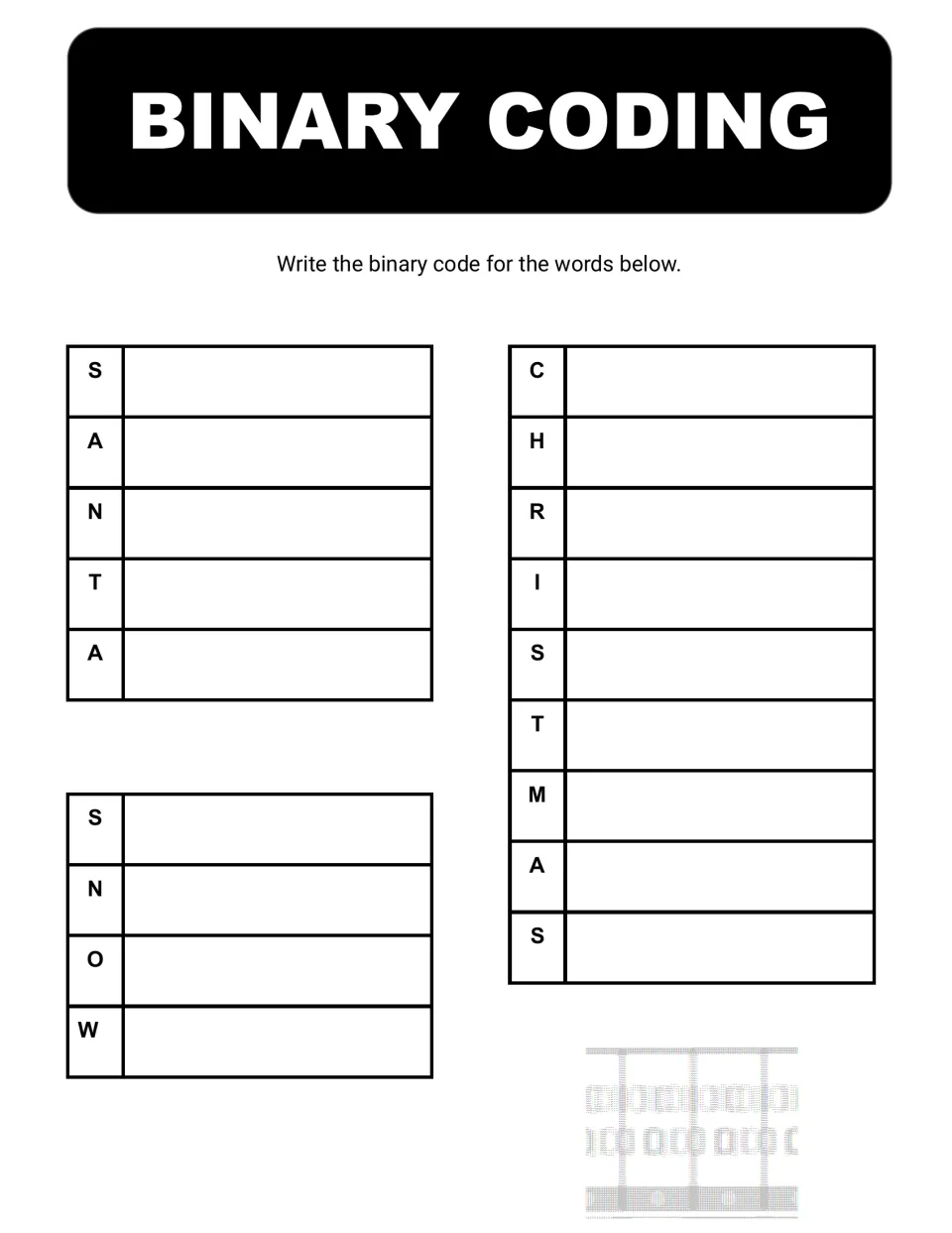 Christmas binary word-coding activity asks students to write letter codes for SANTA, CHRISTMAS, and SNOW