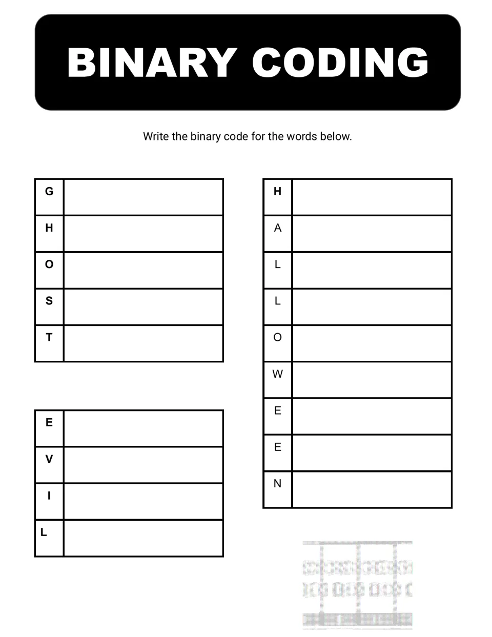 Halloween binary word-coding activity asks students to write letter codes for GHOST, HALLOWEEN, and EVIL