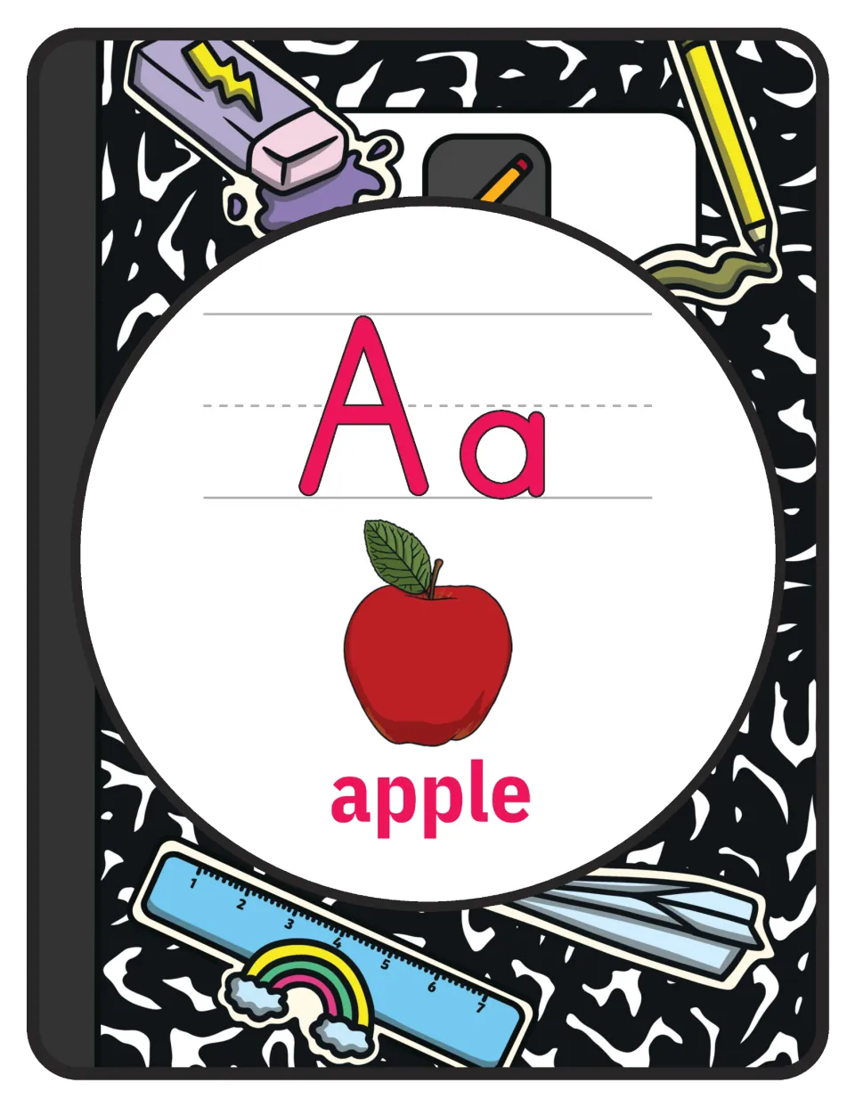 Alphabet poster for letter A: uppercase A, lowercase a, and a labeled apple illustration for classroom display.