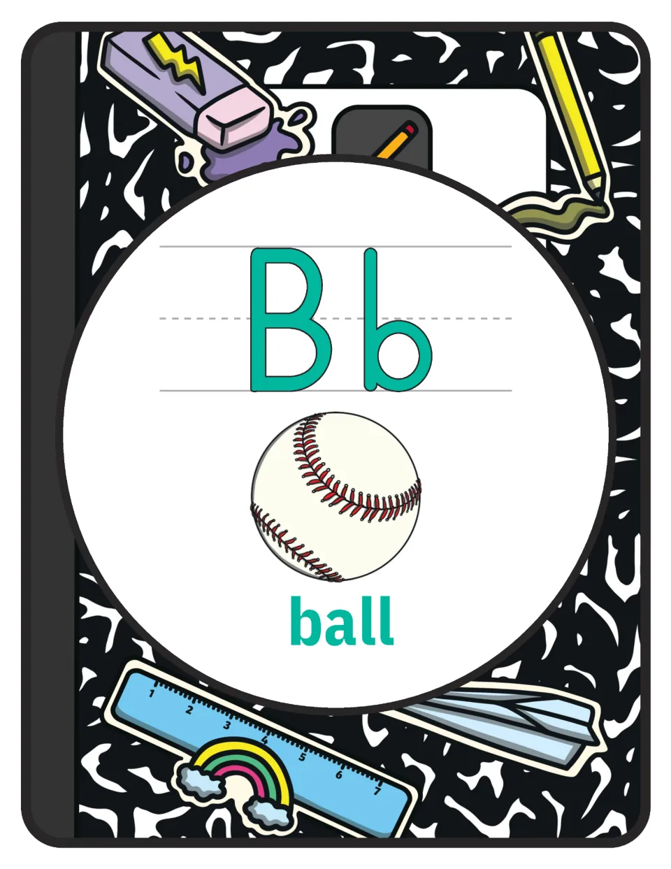 Alphabet poster for letter B: uppercase B, lowercase b, and a labeled ball illustration for classroom display.