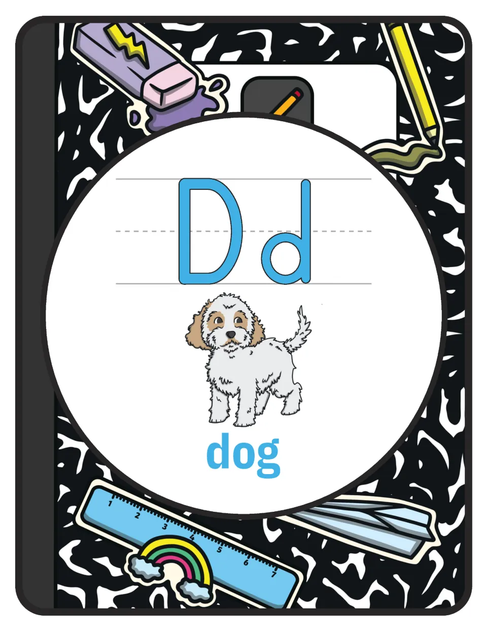 Alphabet poster for letter D: uppercase D, lowercase d, and a labeled dog illustration for classroom display.
