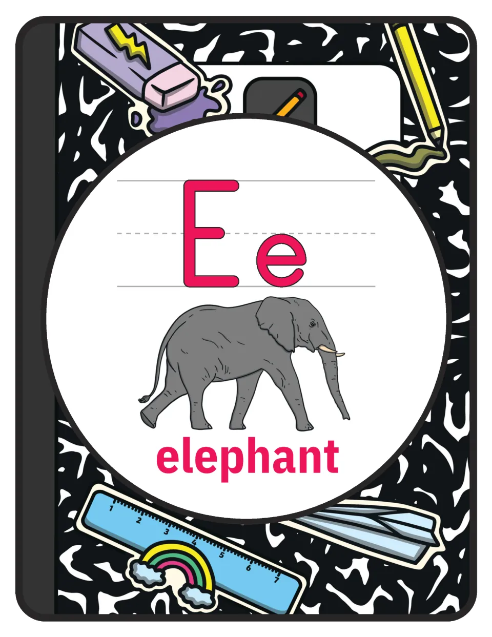Alphabet poster for letter E: uppercase E, lowercase e, and a labeled elephant illustration for classroom display.