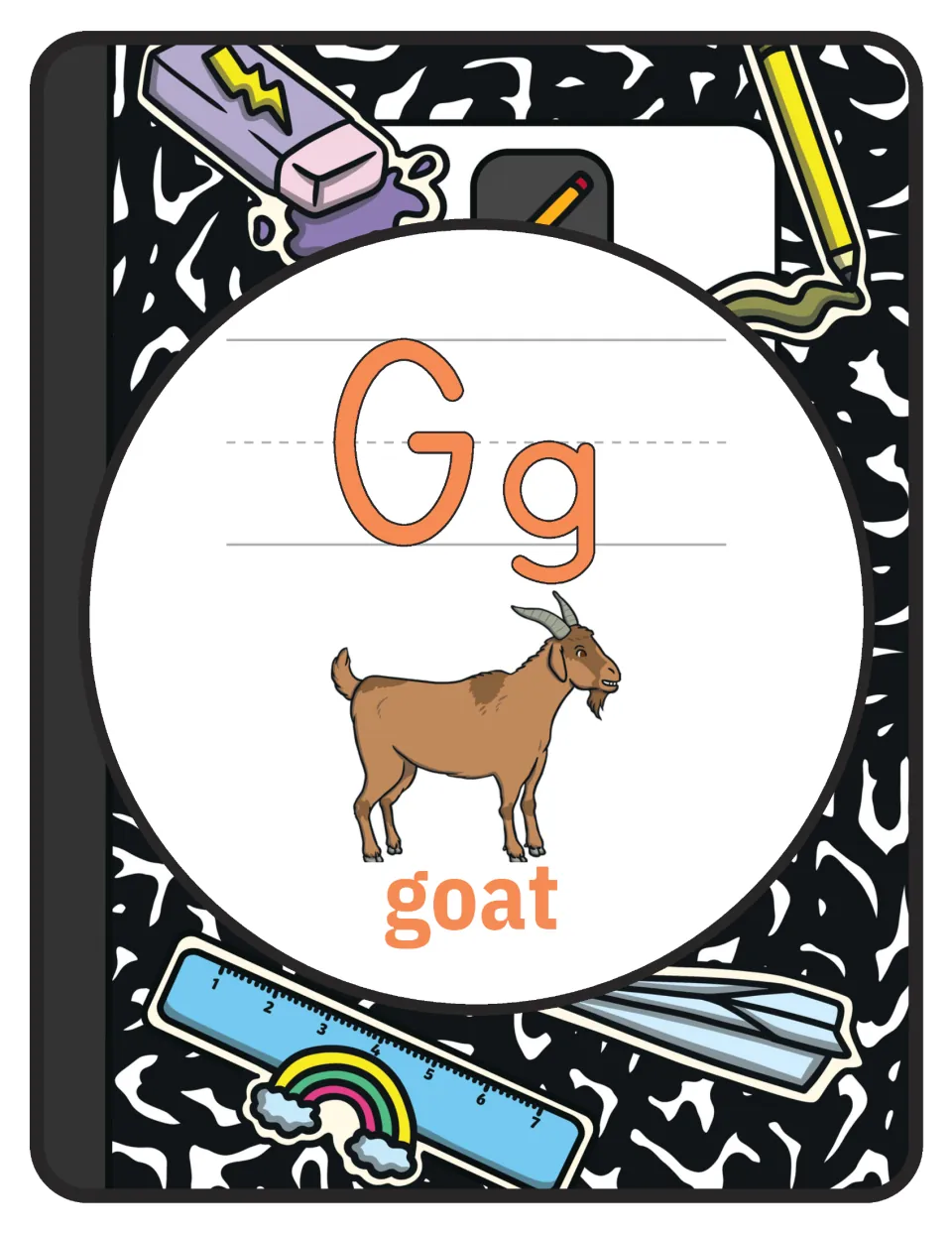Alphabet poster for letter G: uppercase G, lowercase g, and a labeled goat illustration for classroom display.