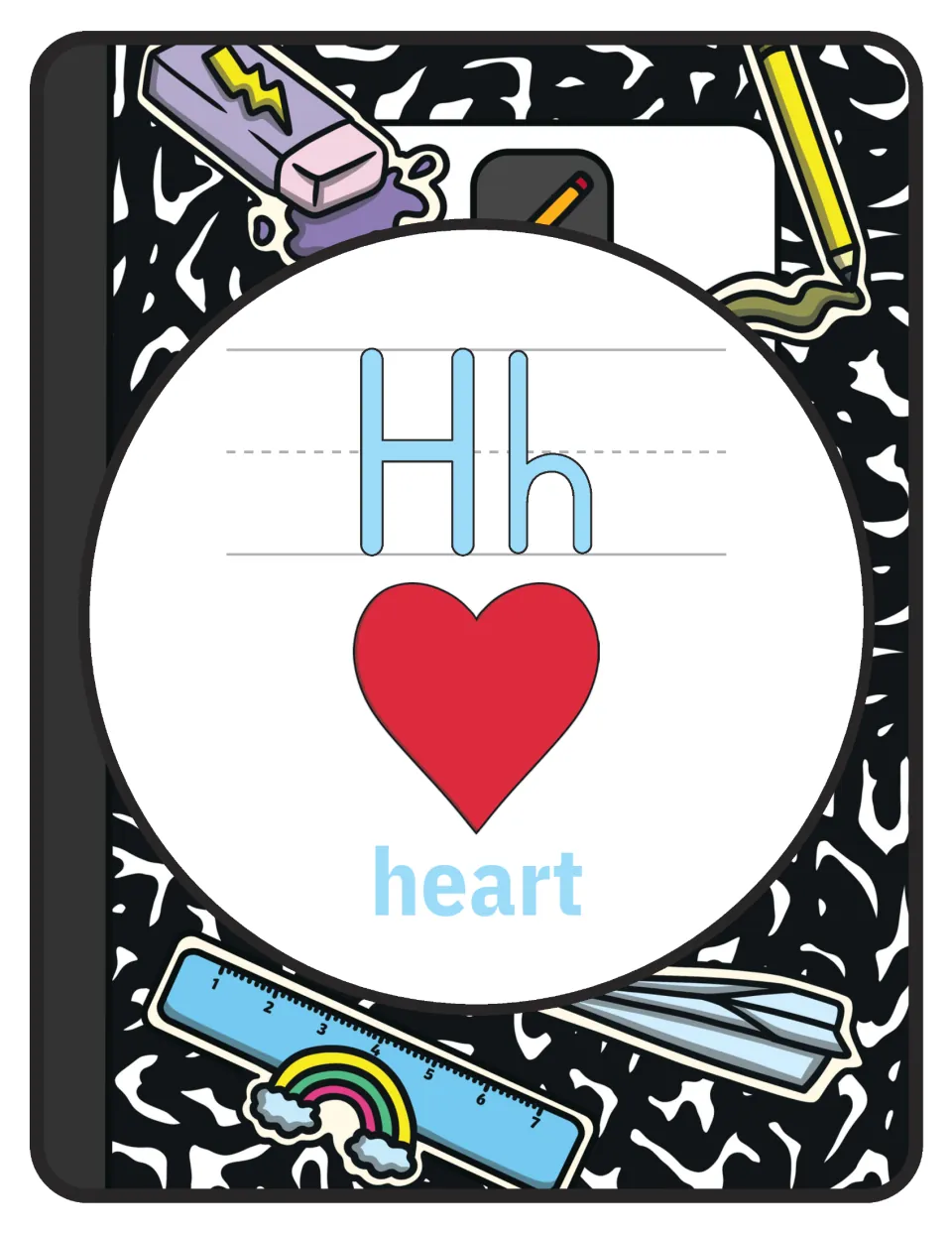 Alphabet poster for letter H: uppercase H, lowercase h, and a labeled heart illustration for classroom display.