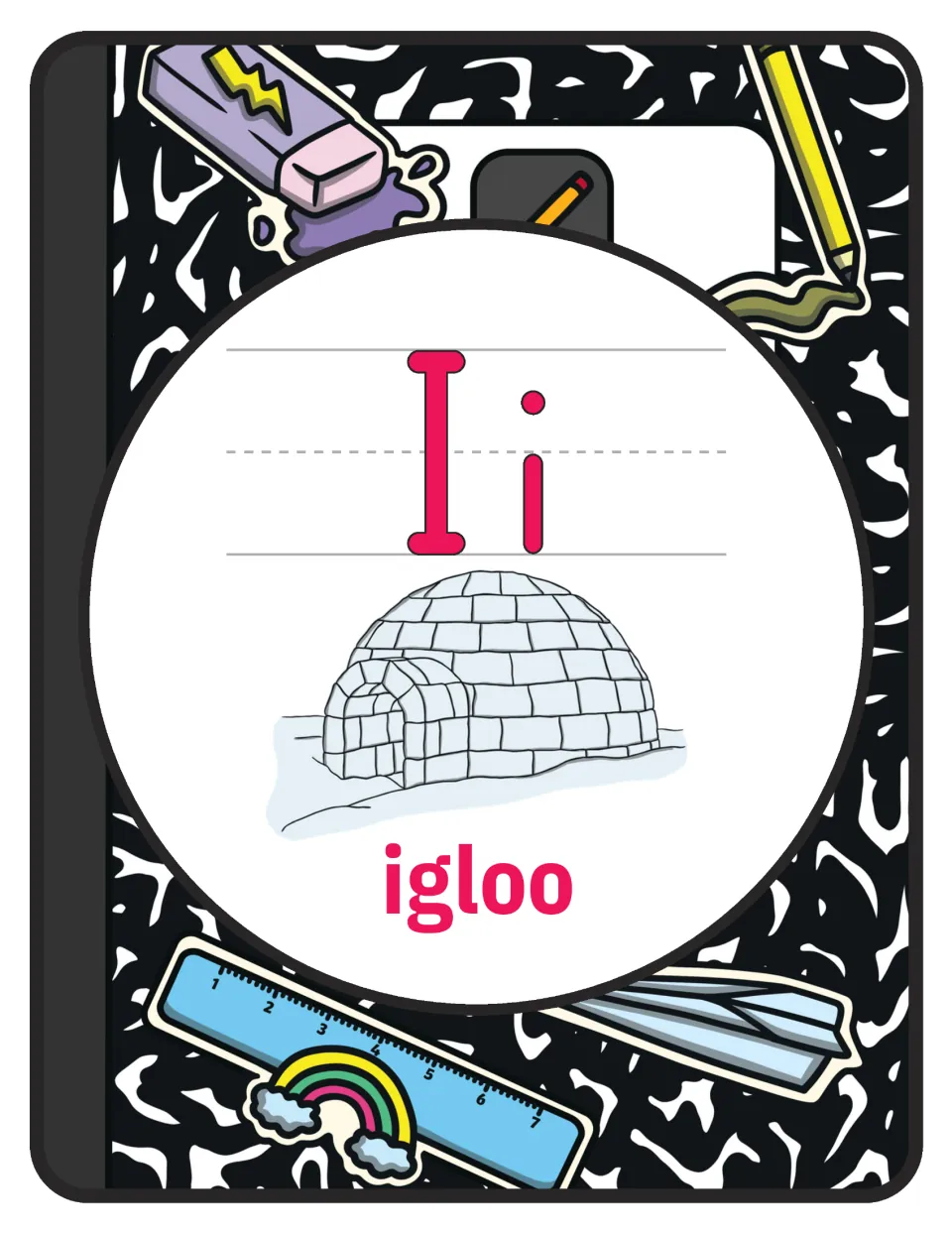 Alphabet poster for letter I: uppercase I, lowercase i, and a labeled igloo illustration for classroom display.