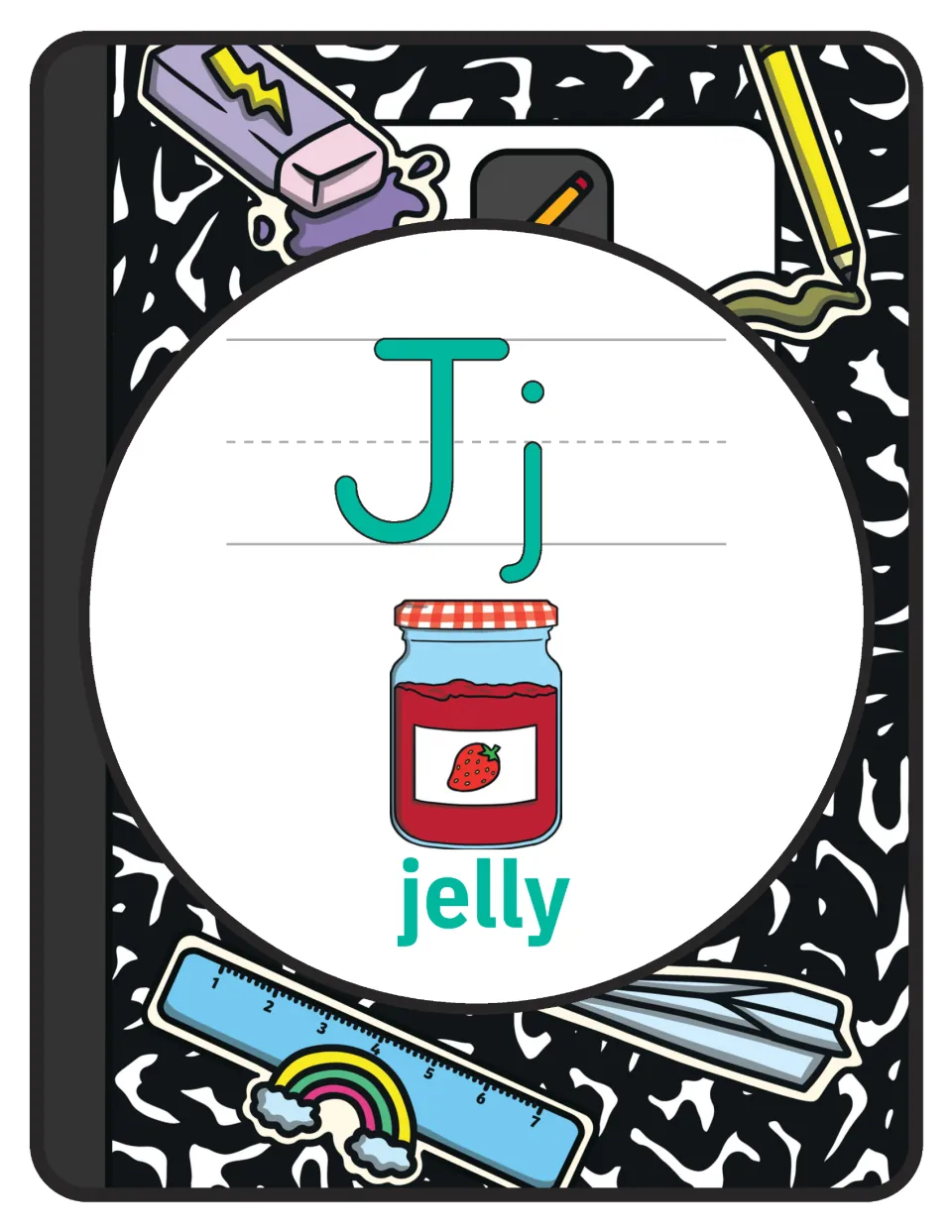 Alphabet poster for letter J: uppercase J, lowercase j, and a labeled jelly illustration for classroom display.