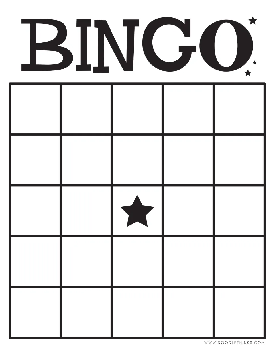 Blank black-and-white bingo card: students mark called items on 24 open spaces around a black star free space