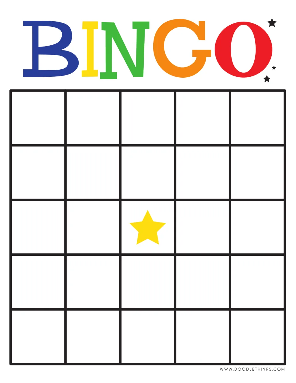 Rainbow-lettered bingo card left blank for teacher-written words or numbers, with a yellow star free space in the middle
