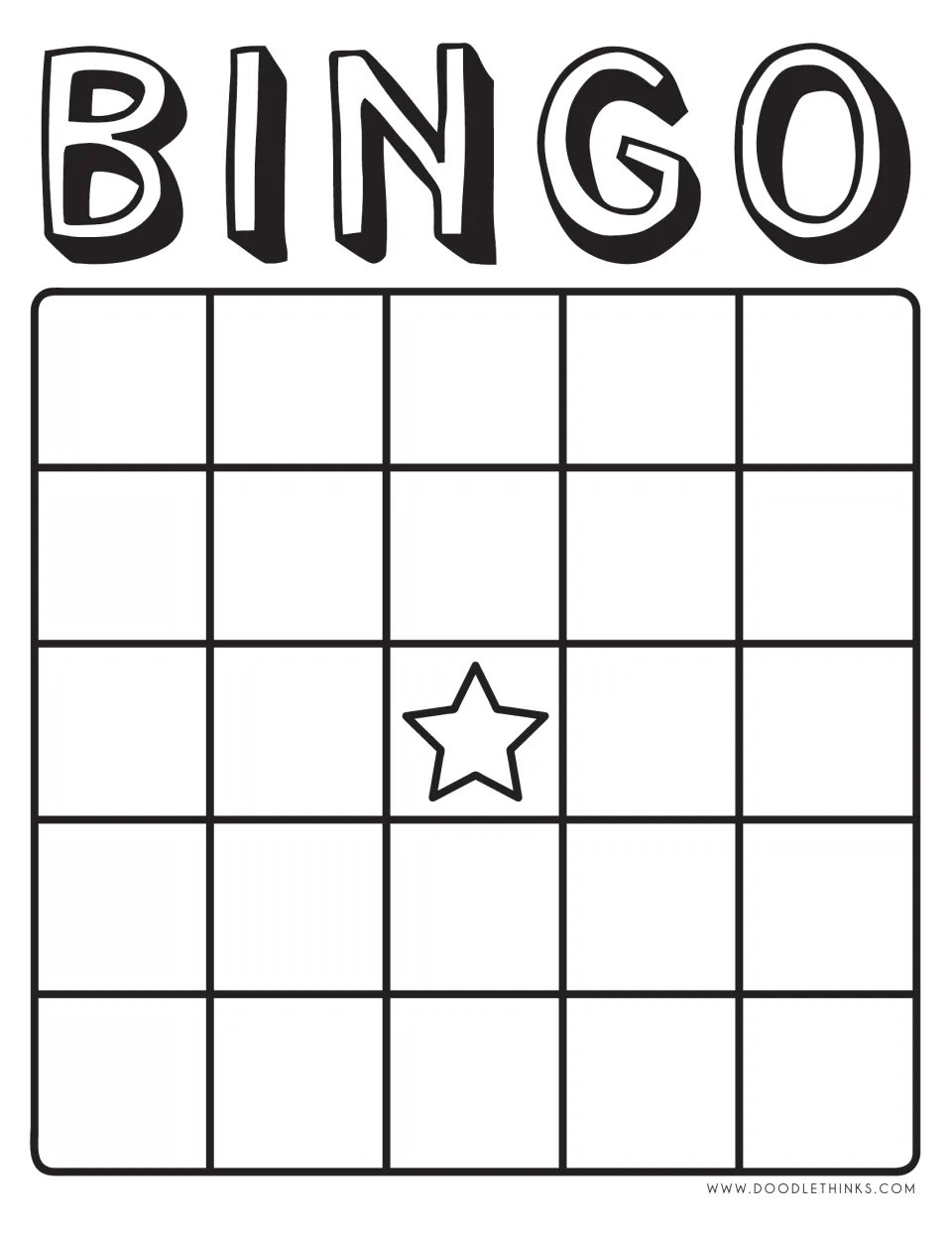 Outlined-letter bingo card in black and white with an outlined star free space; spaces left empty for any review content