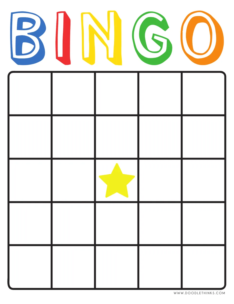 Color bingo card with outlined blue, red, yellow, green and orange BINGO letters and a yellow star free space, left blank