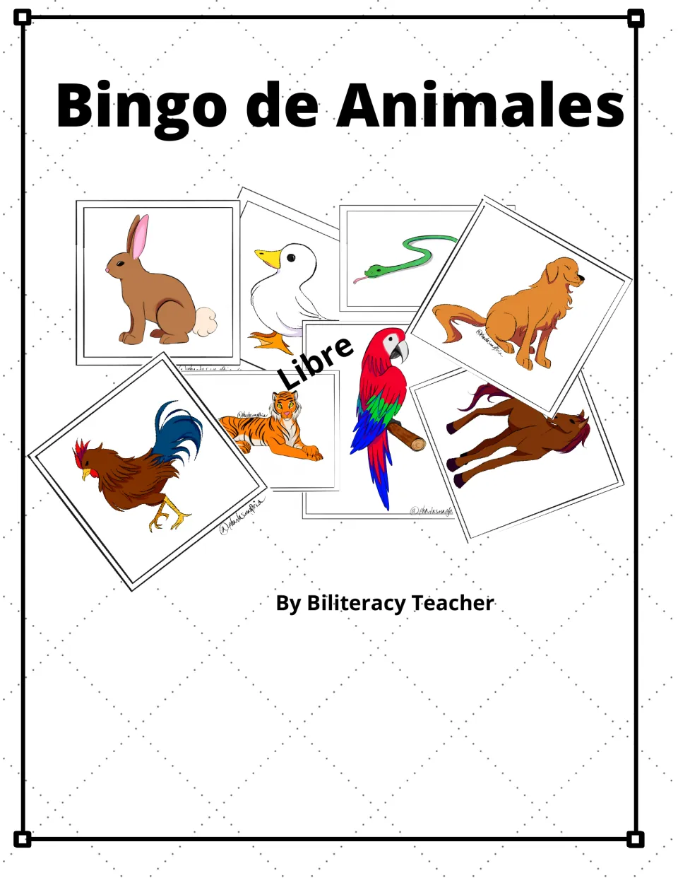 Bingo de Animales cover showing rabbit, duck, snake, dog, rooster, tiger, horse and parrot game pictures