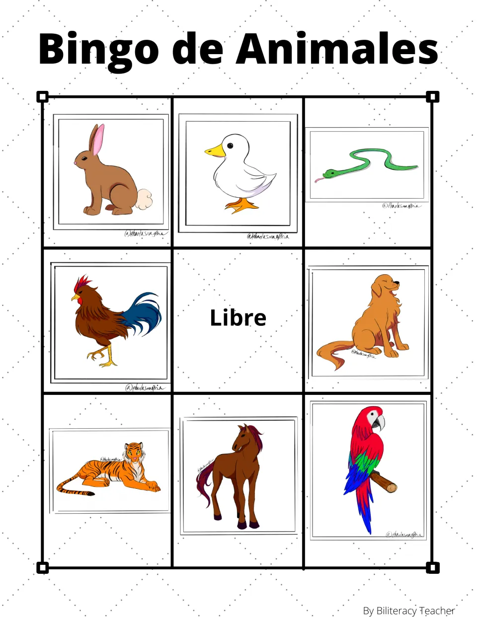 Animal bingo board 1: rabbit, duck, snake and five more animal pictures, plus “Libre” (free space).