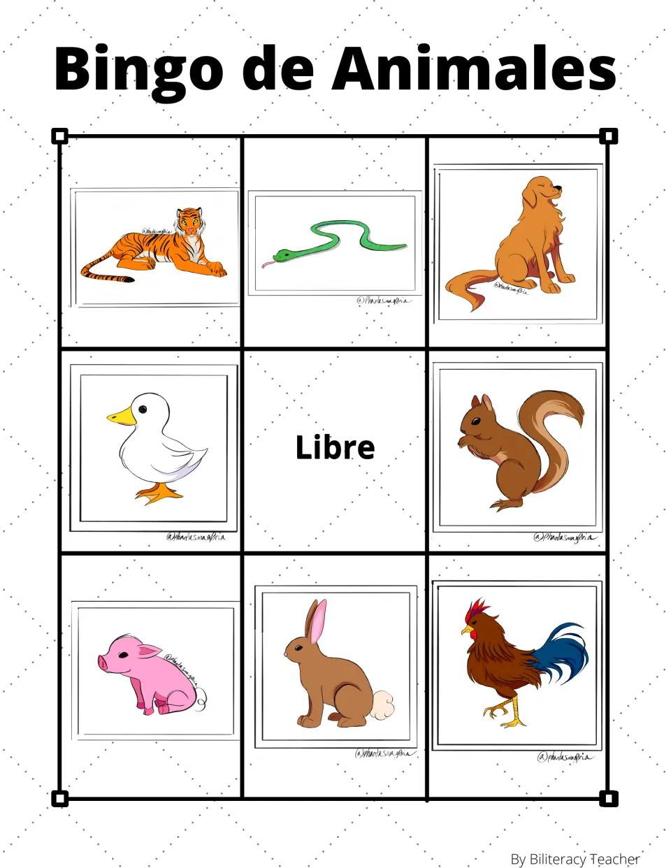 Animal bingo board 2: tiger, snake, dog and five more animal pictures, plus “Libre” (free space).