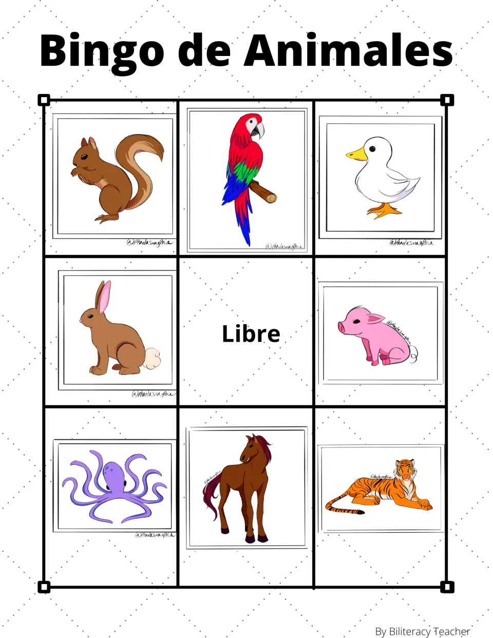 Animal bingo board 3: squirrel, parrot, duck and five more animal pictures, plus “Libre” (free space).