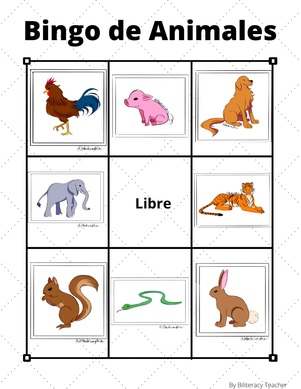 Animal bingo board 4: rooster, pig, dog and five more animal pictures, plus “Libre” (free space).