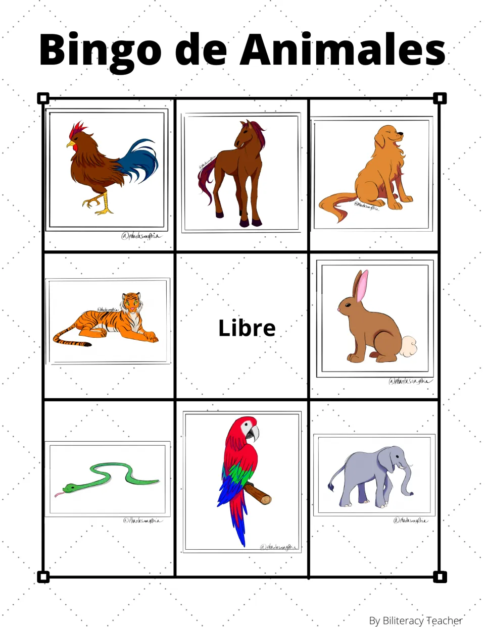 Animal bingo board 5: rooster, horse, dog and five more animal pictures, plus “Libre” (free space).