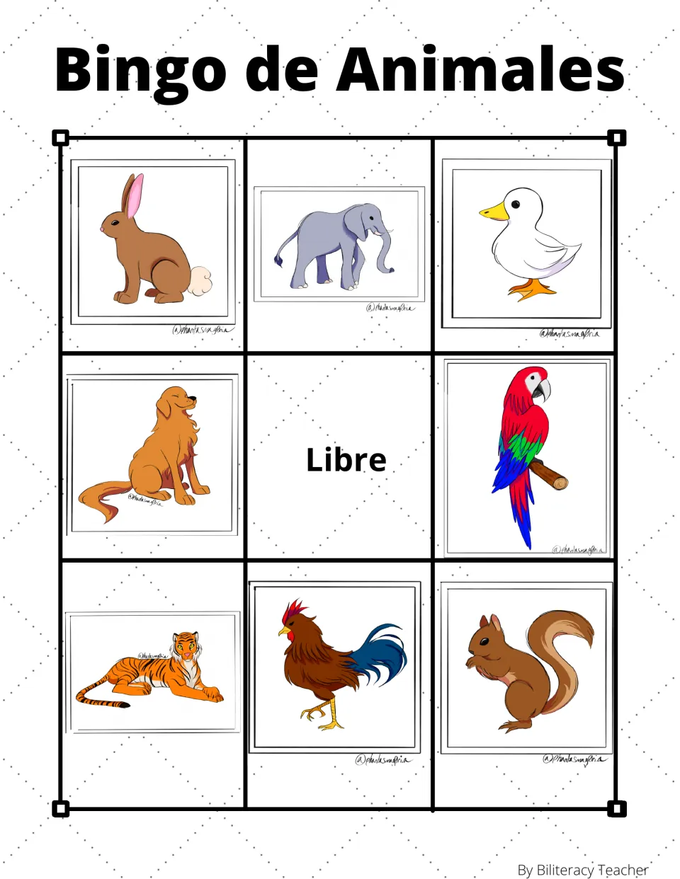 Animal bingo board 6: rabbit, elephant, duck and five more animal pictures, plus “Libre” (free space).