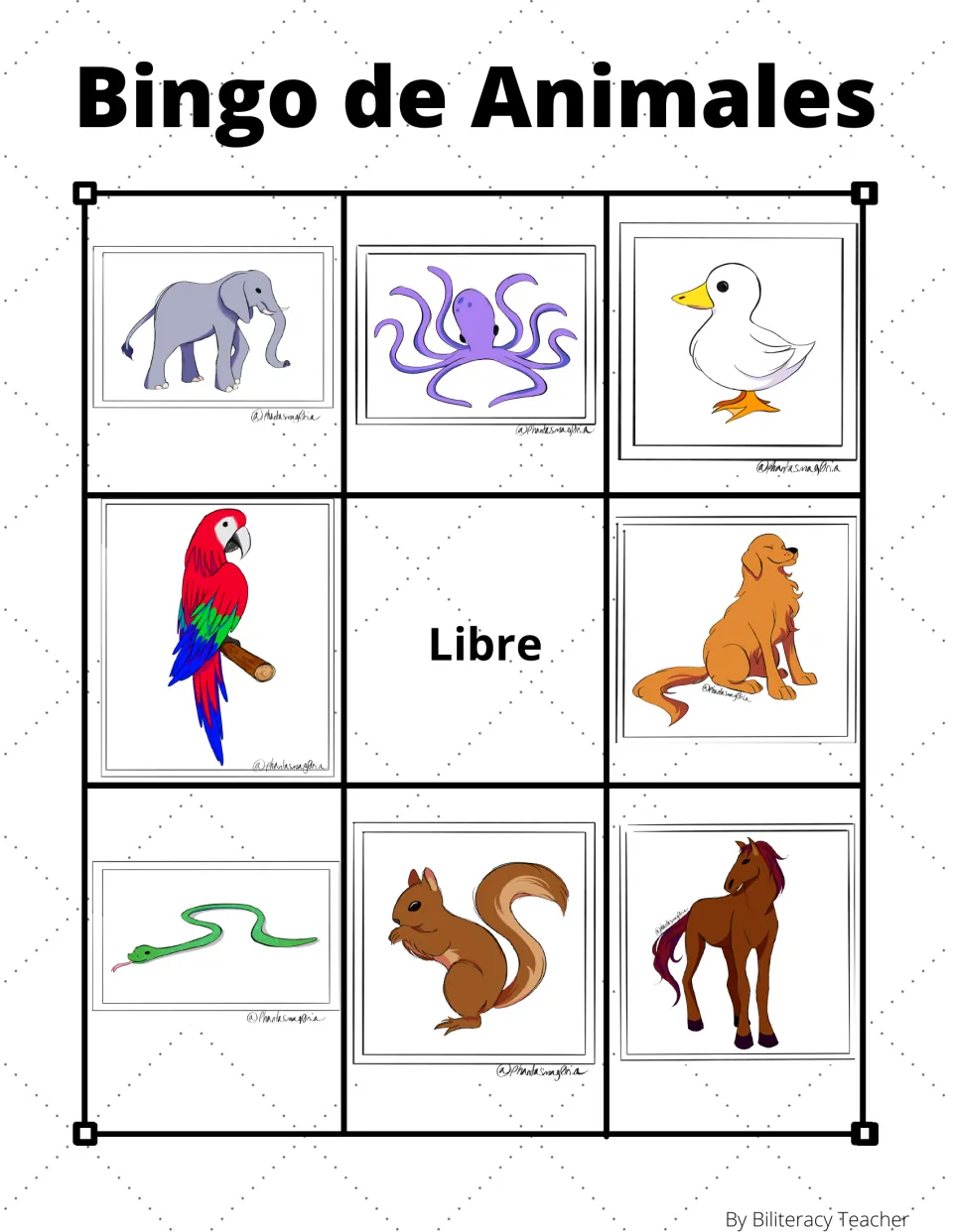 Animal bingo board 7: elephant, octopus, duck and five more animal pictures, plus “Libre” (free space).