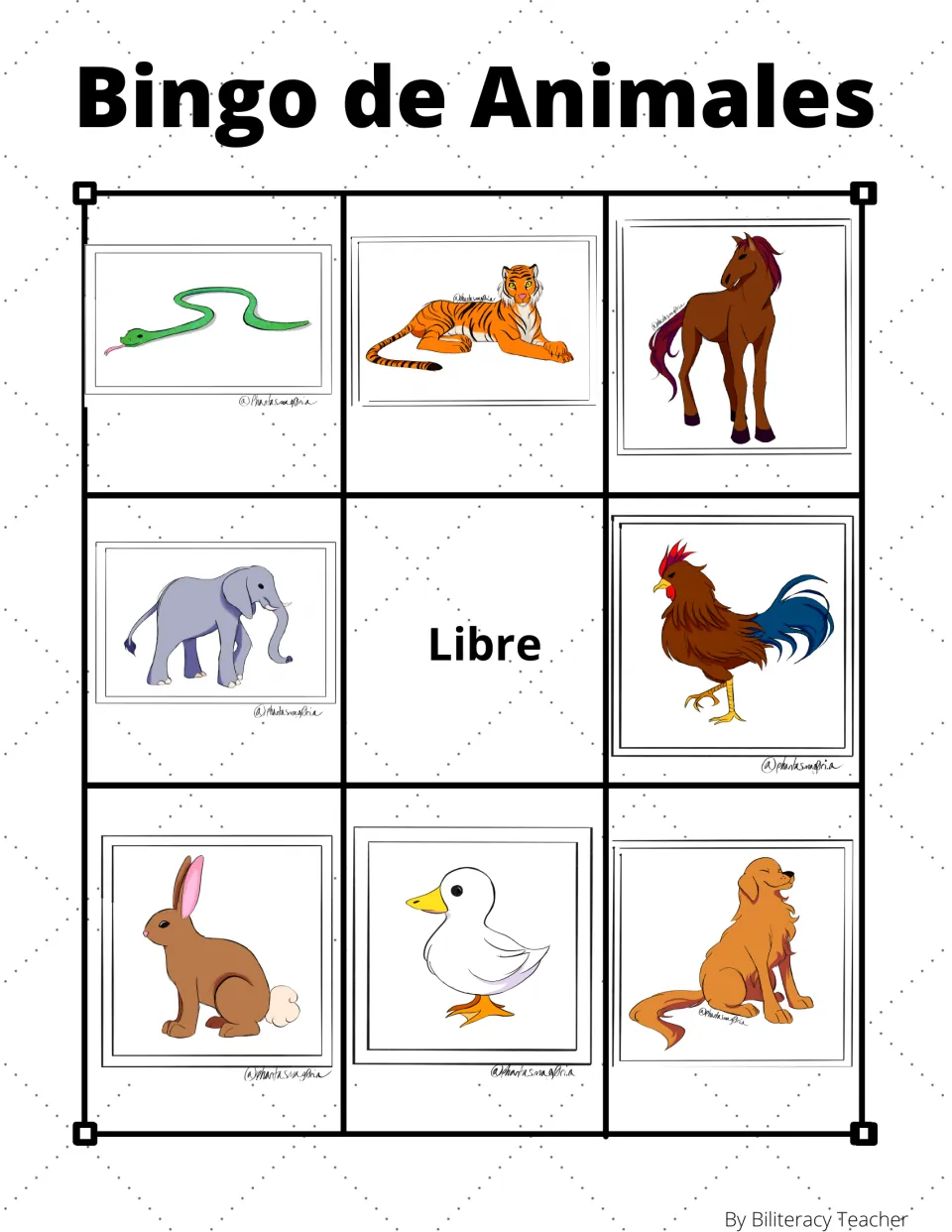 Animal bingo board 8: snake, tiger, horse and five more animal pictures, plus “Libre” (free space).