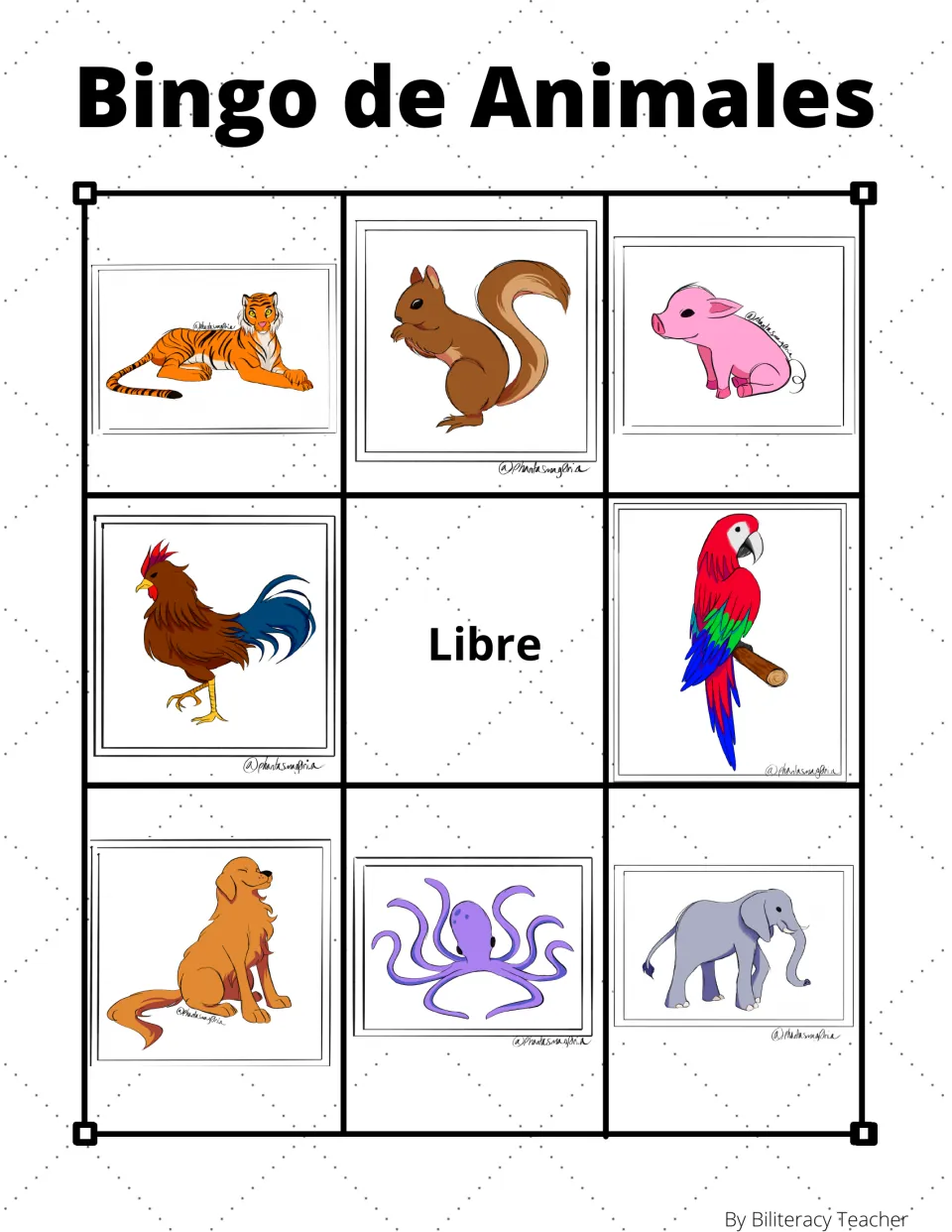 Animal bingo board 9: tiger, squirrel, pig and five more animal pictures, plus “Libre” (free space).