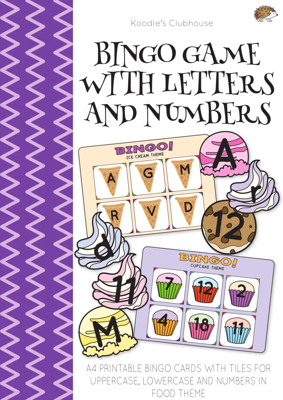 Cover: Bingo Game with Letters and Numbers, ice cream and cupcake cards with uppercase, lowercase and number tiles