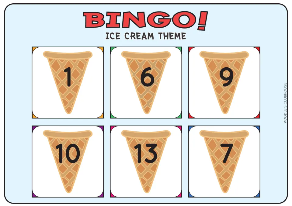 Ice cream number bingo card: students find and cover 1, 6, 9, 10, 13 and 7 on waffle cones as each numeral is called