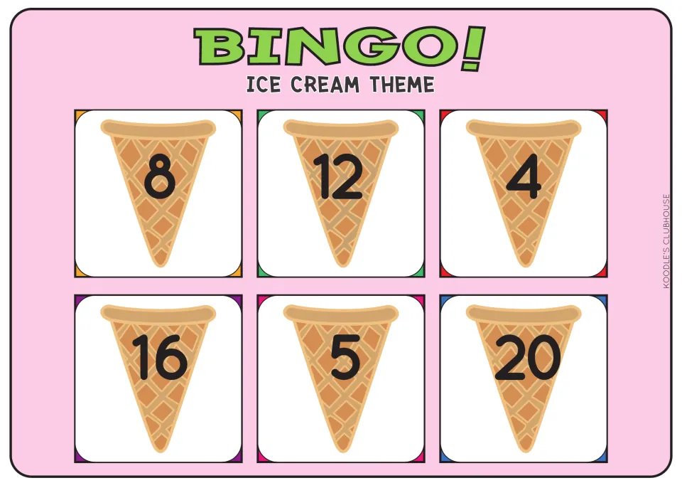 Ice cream number bingo card: students listen for and mark 8, 12, 4, 16, 5 and 20 to practise recognizing numerals