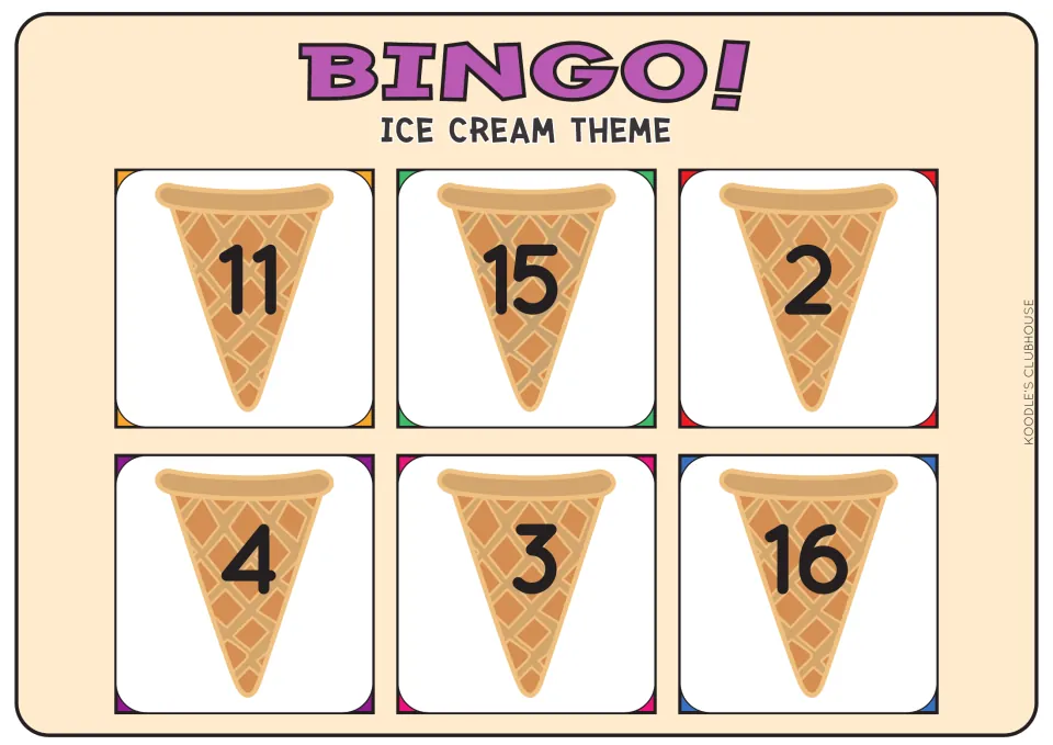 Ice cream number bingo card with cones showing 11, 15, 2, 4, 3 and 16 for students to match to called number tiles