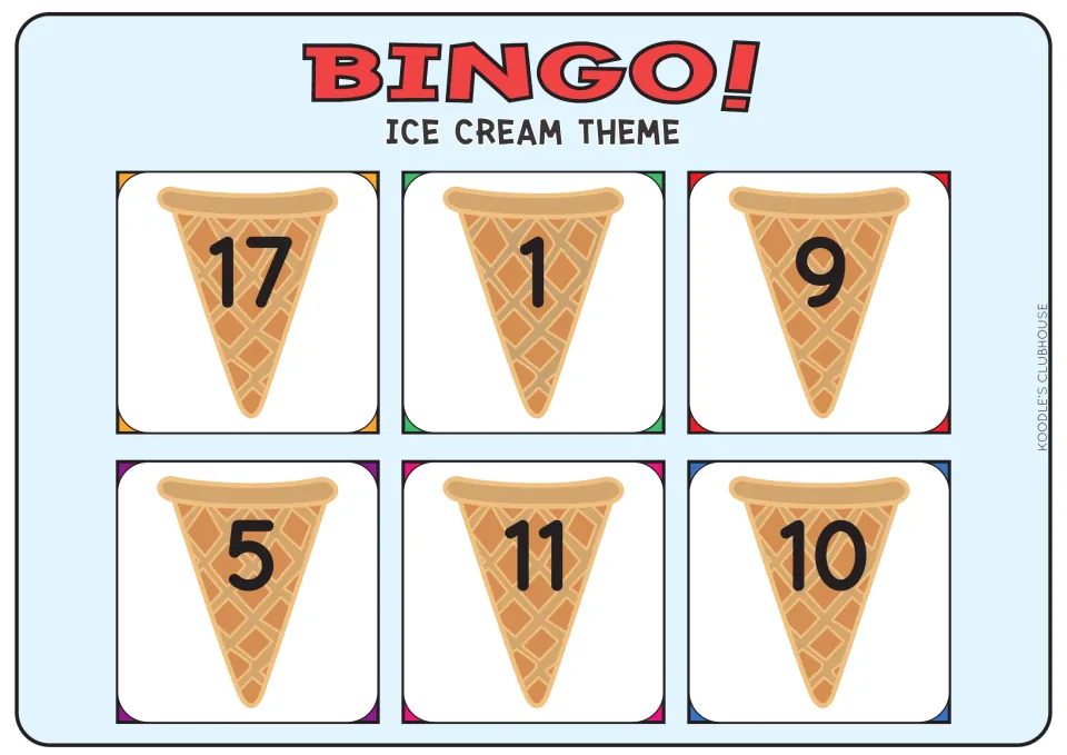 Ice cream number bingo card: children cover the cones labeled 17, 1, 9, 5, 11 and 10 when they hear each number