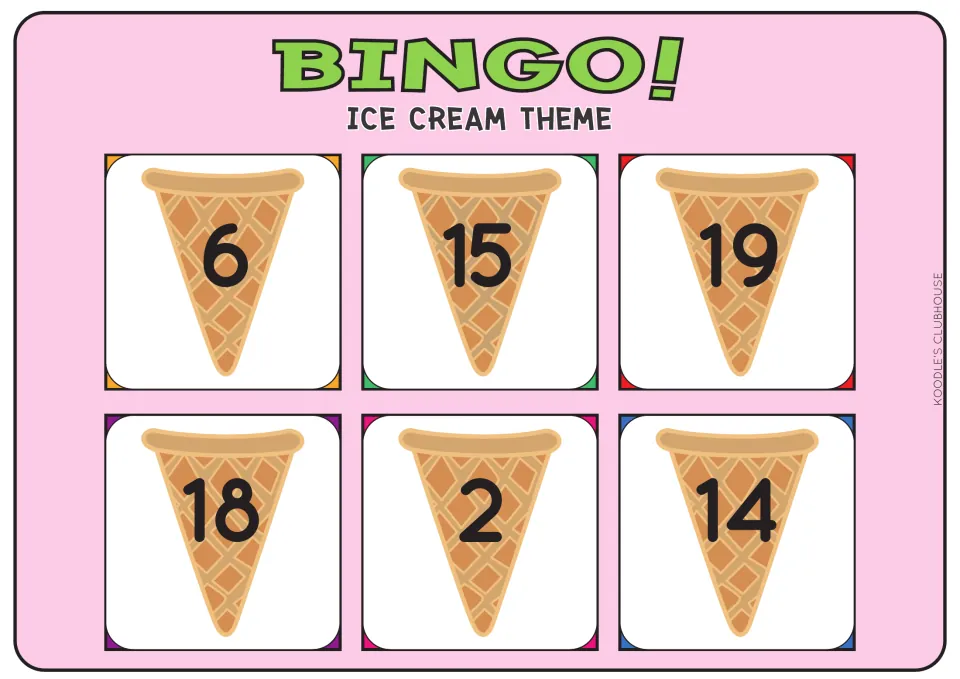Ice cream number bingo card with 6, 15, 19, 18, 2 and 14 on cones; students mark numerals as the caller draws tiles
