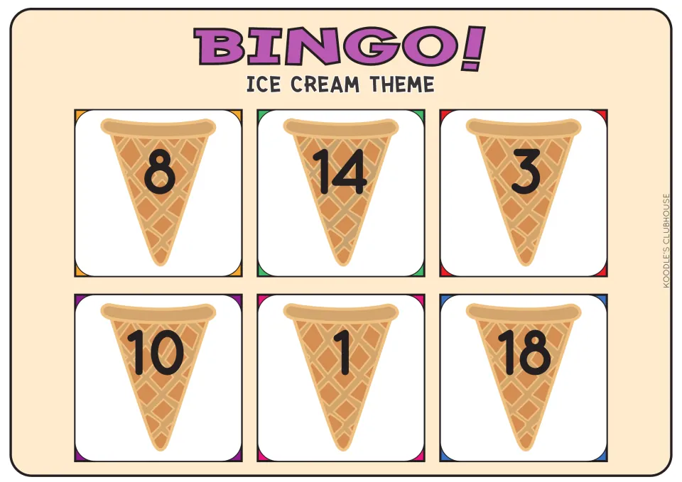 Ice cream number bingo card: players spot 8, 14, 3, 10, 1 and 18 on the cones to practise naming numbers to 20