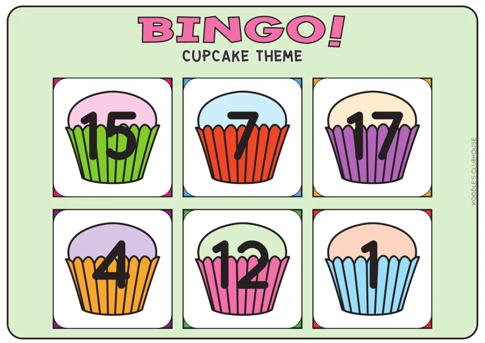 Cupcake number bingo card: students recognize and cover 15, 7, 17, 4, 12 and 1 printed on colorful cupcakes