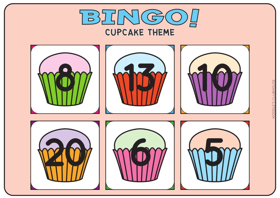 Cupcake number bingo card with 8, 13, 10, 20, 6 and 5 on cupcakes for students to mark as each number is called out