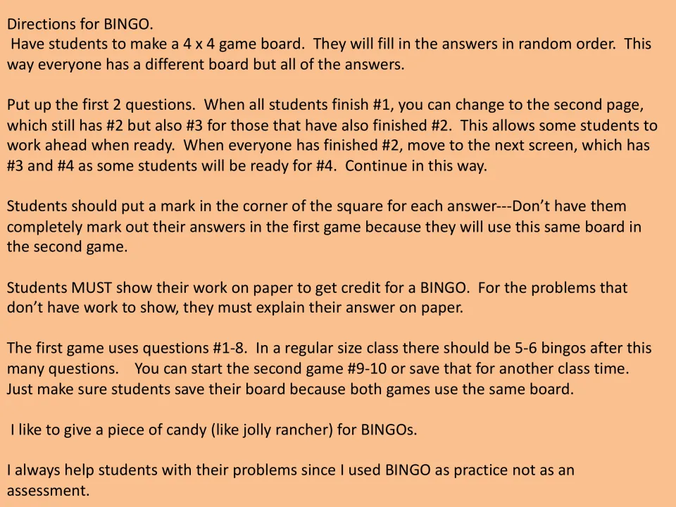 Directions for playing math bingo: students make a 4 x 4 board, work questions, show their work and mark answers