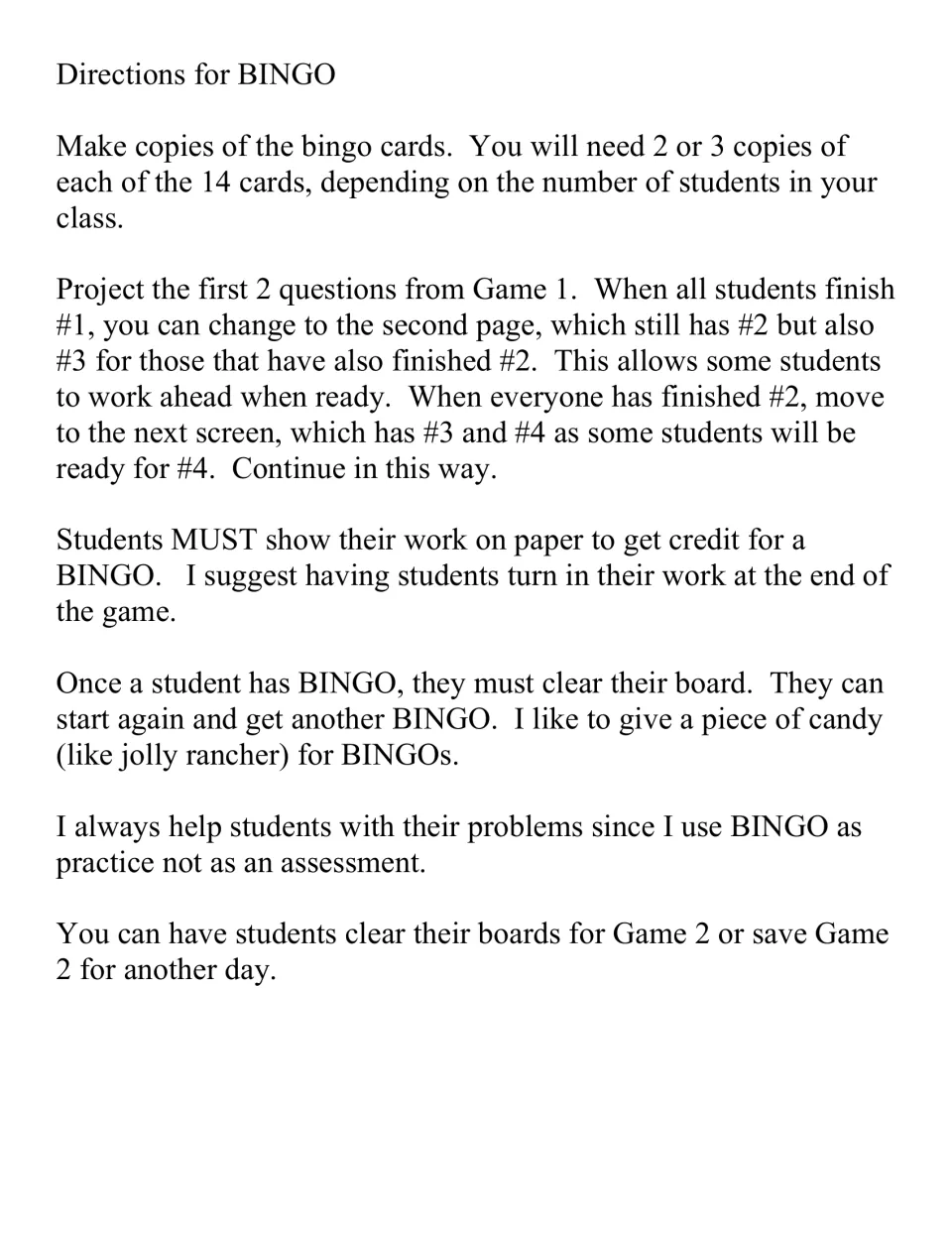Bingo directions: copy the 14 cards, project two problems at a time, and students show their work on paper to earn a BINGO
