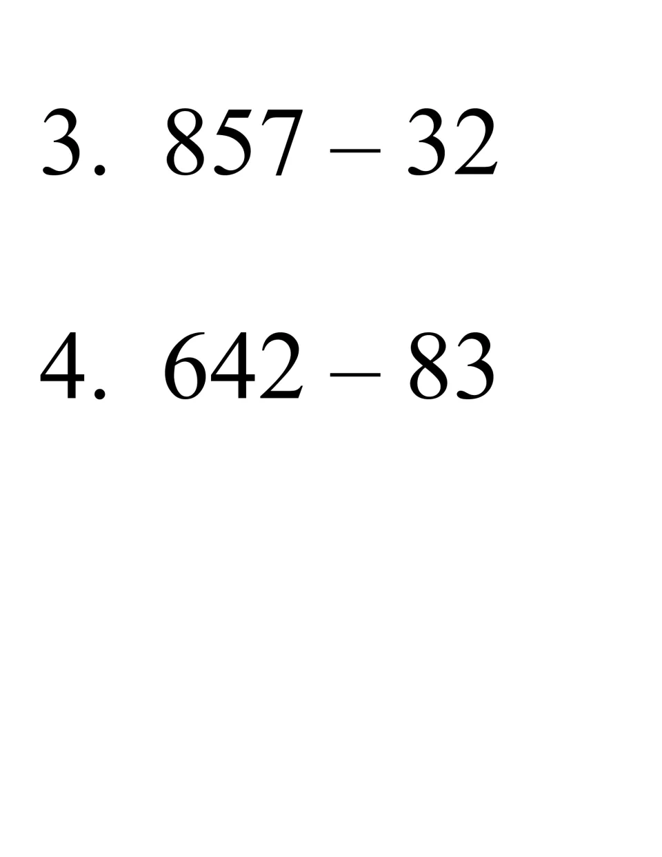 Bingo problems 3 and 4: students subtract 857 - 32 and 642 - 83, which needs regrouping, then cover each difference