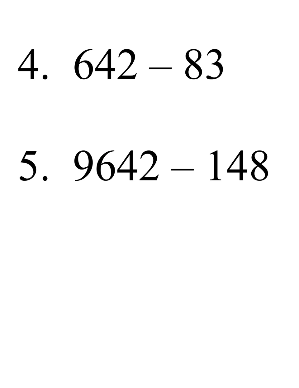 Bingo problems 4 and 5: students subtract 642 - 83 and 9642 - 148 with regrouping and find the difference on their card