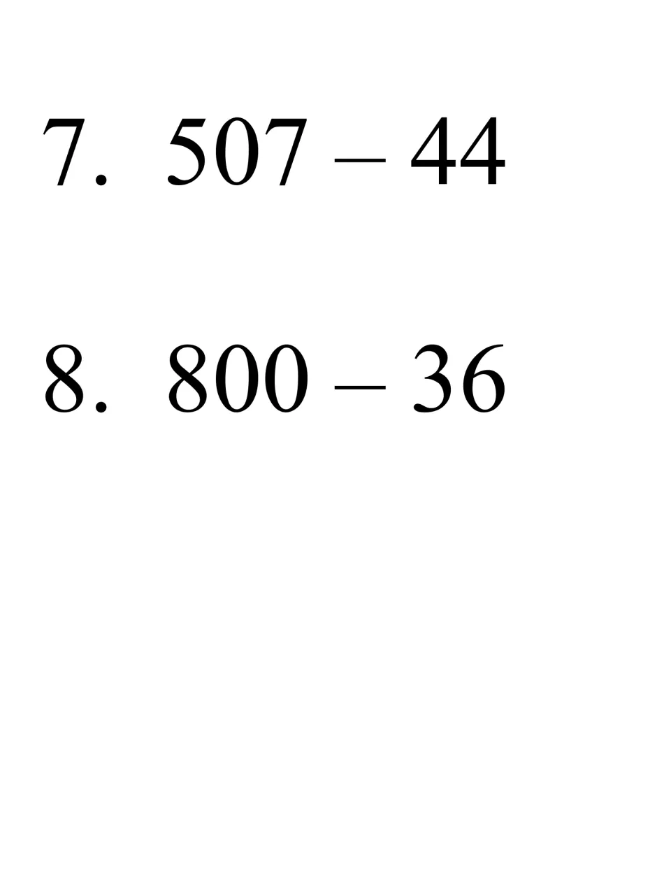 Bingo problems 7 and 8: students subtract 507 - 44 and 800 - 36, regrouping across zeros to find each difference
