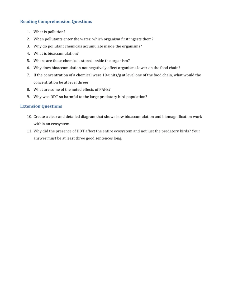 Reading comprehension: 9 questions on pollution, bioaccumulation and DDT, plus 2 extension tasks including a diagram