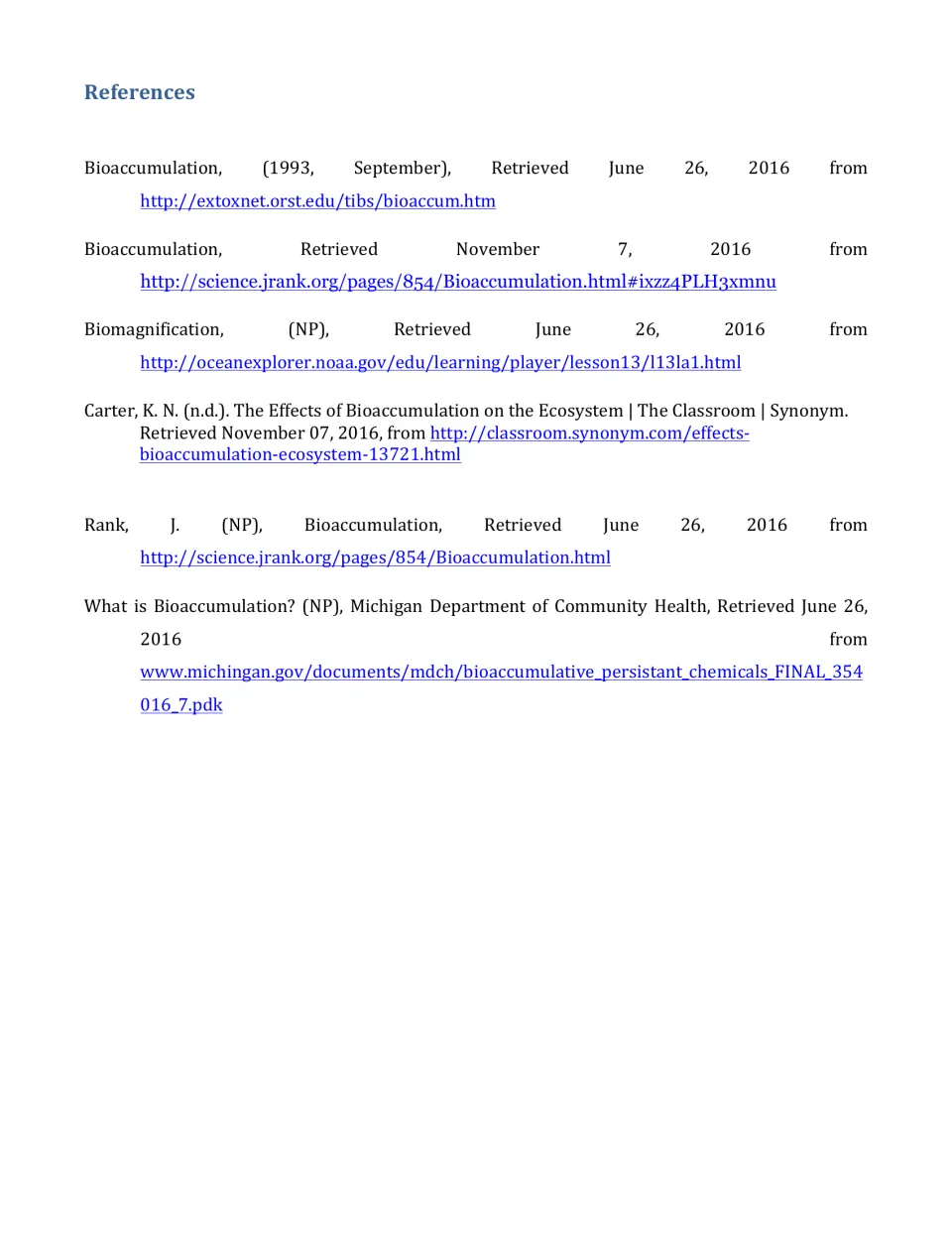 References list citing six web sources on bioaccumulation and biomagnification, including NOAA and Michigan health pages