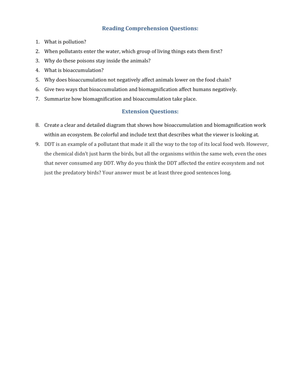 Comprehension questions: students answer 7 questions on pollution and plankton, draw a diagram and explain DDT's effects