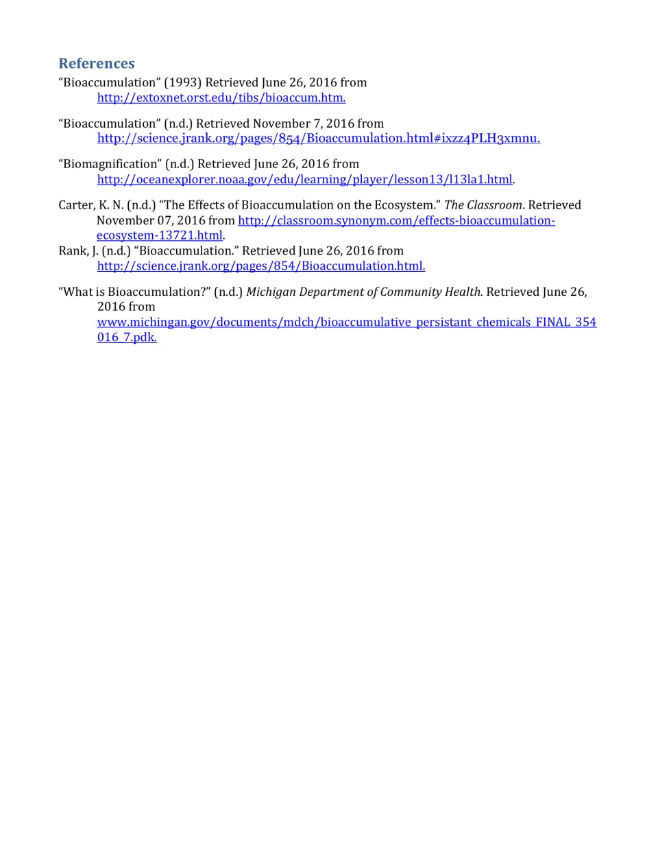 References list citing six online sources on bioaccumulation and biomagnification, including NOAA Ocean Explorer