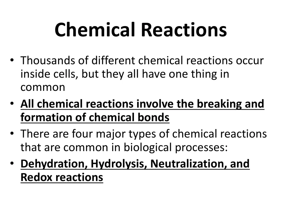 Chemical reactions: all reactions break and form bonds; the four types are dehydration, hydrolysis, neutralization, redox