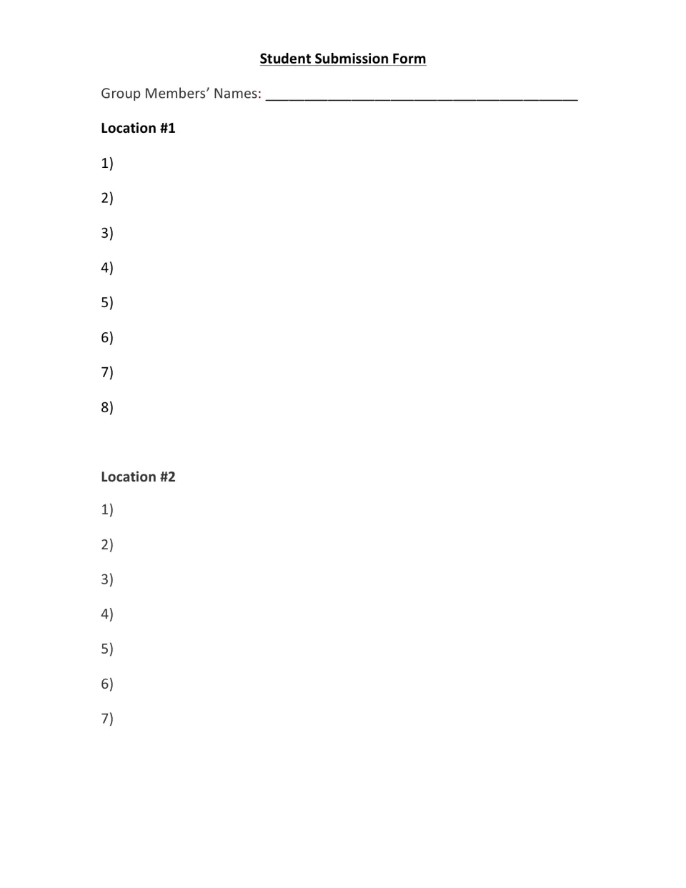 Student submission form for group names, eight answers at Location #1, and seven answers at Location #2