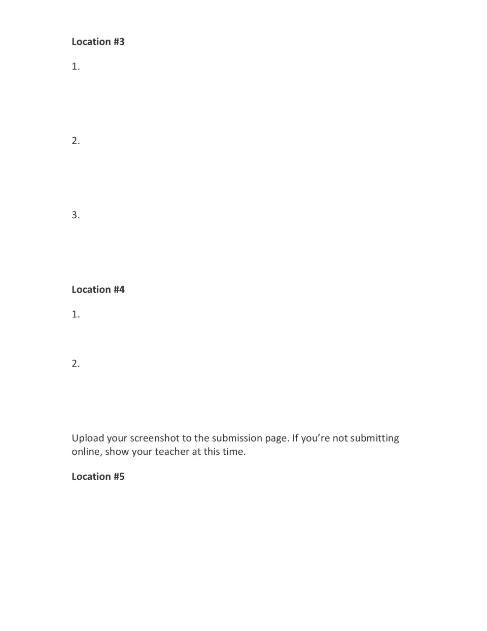 Student response form for Locations #3–5, with instructions to upload a screenshot or show it to the teacher