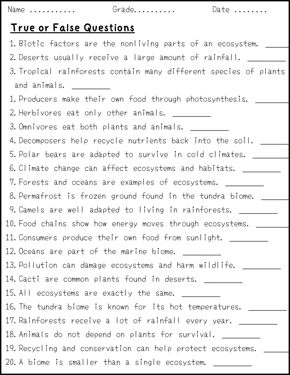 Ecosystems true or false: students judge 23 statements about biotic factors, food chains, tundra, deserts and conservation