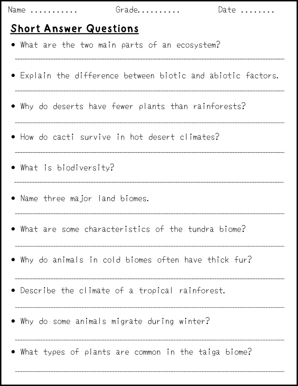 Biome short answers: students explain biotic vs abiotic factors, cactus survival, tundra traits and taiga plants